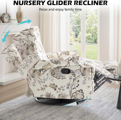 Swivel Rocker Recliner Chair, Floral Wingback Armchair, Navy