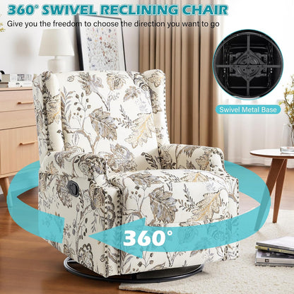 Swivel Rocker Recliner Chair, Floral Wingback Armchair, Navy