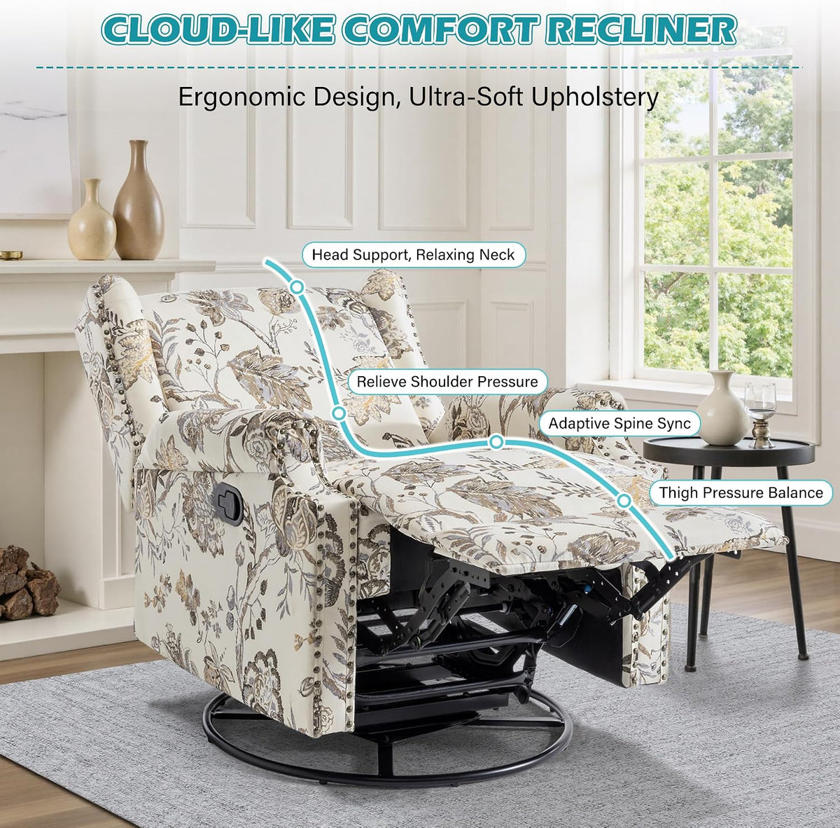 Swivel Rocker Recliner Chair, Floral Wingback Armchair, Navy