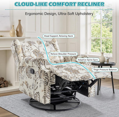 Swivel Rocker Recliner Chair, Floral Wingback Armchair, Navy