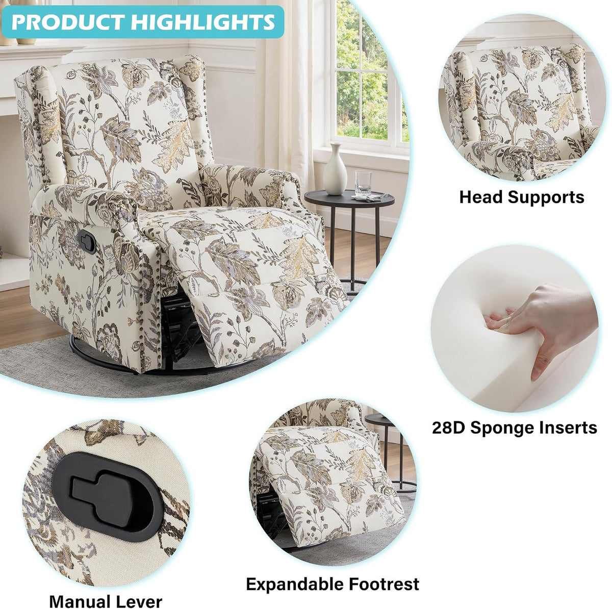 Swivel Rocker Recliner Chair, Floral Wingback Armchair, Navy