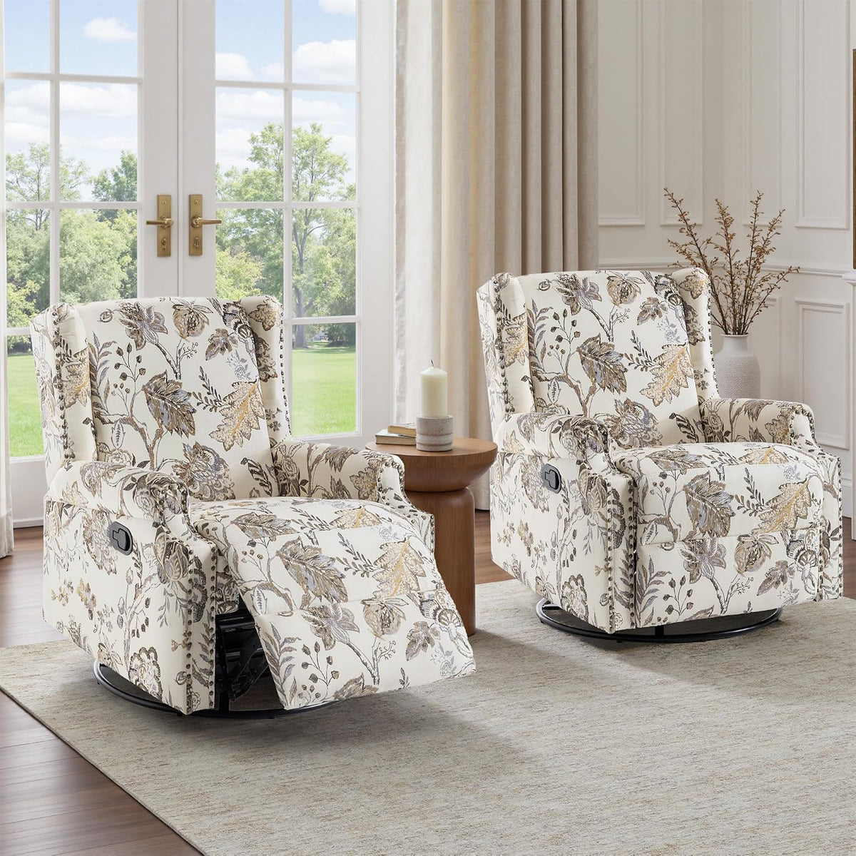 Swivel Rocker Recliner Chair, Floral Wingback Armchair, Navy