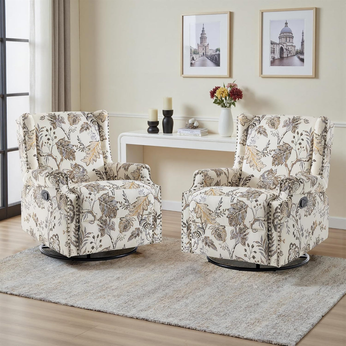 Swivel Rocker Recliner Chair, Floral Wingback Armchair, Navy