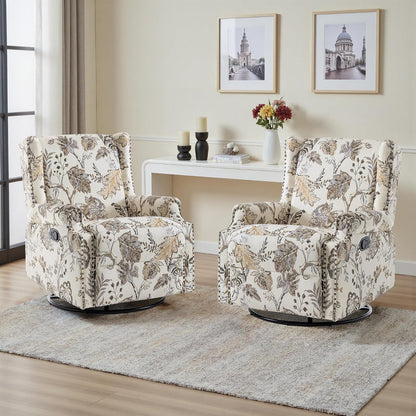 Swivel Rocker Recliner Chair, Floral Wingback Armchair, Navy