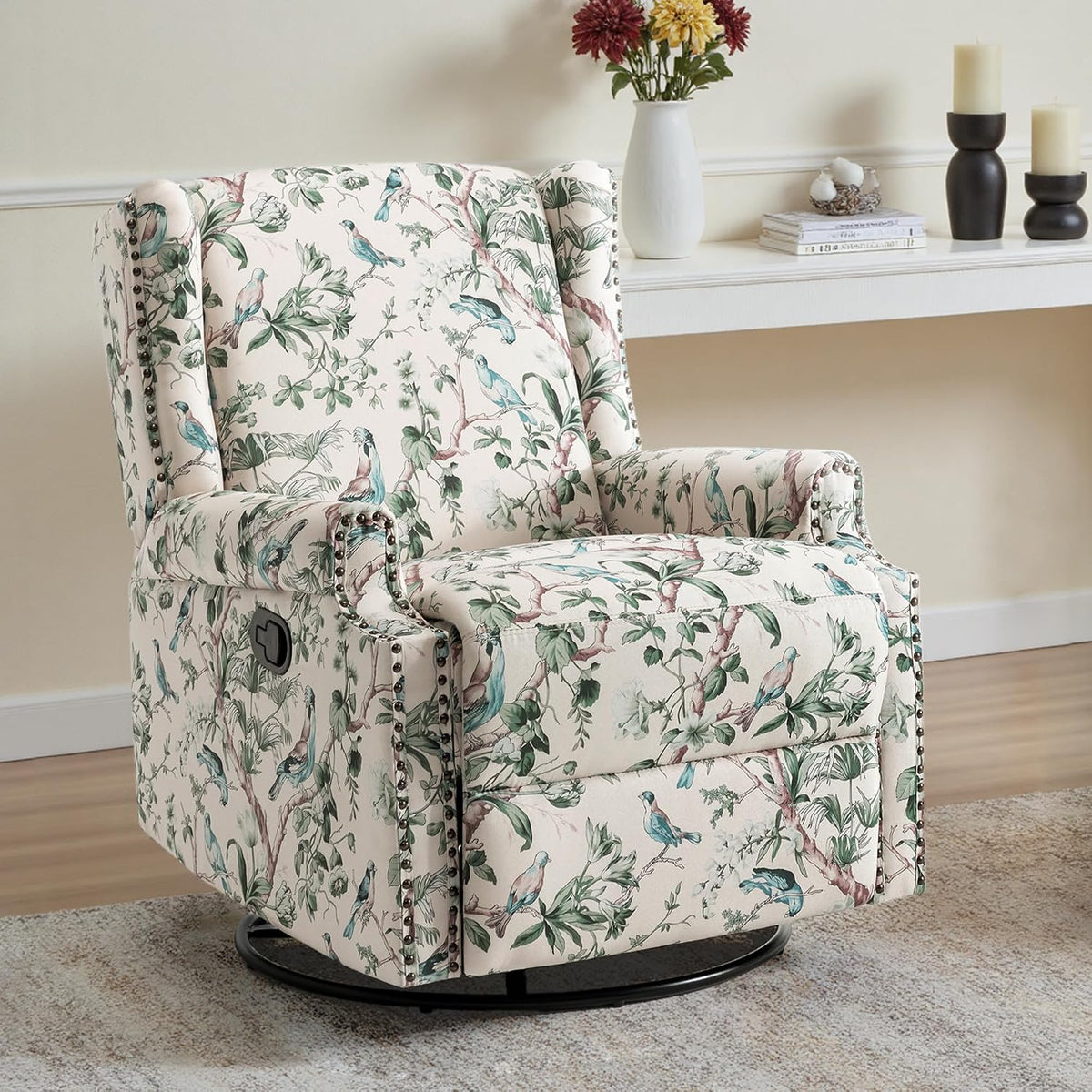 Swivel Rocker Recliner Chair, Floral Wingback Armchair, Navy
