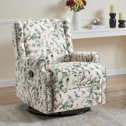 Swivel Rocker Recliner Chair, Floral Wingback Armchair, Navy