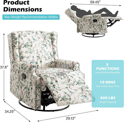 Swivel Rocker Recliner Chair, Floral Wingback Armchair, Navy