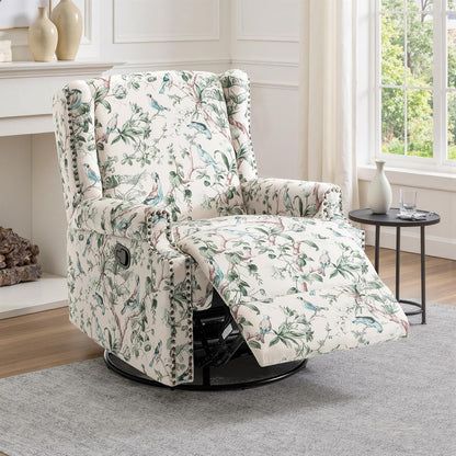 Swivel Rocker Recliner Chair, Floral Wingback Armchair, Navy