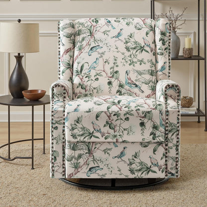 Swivel Rocker Recliner Chair, Floral Wingback Armchair, Navy