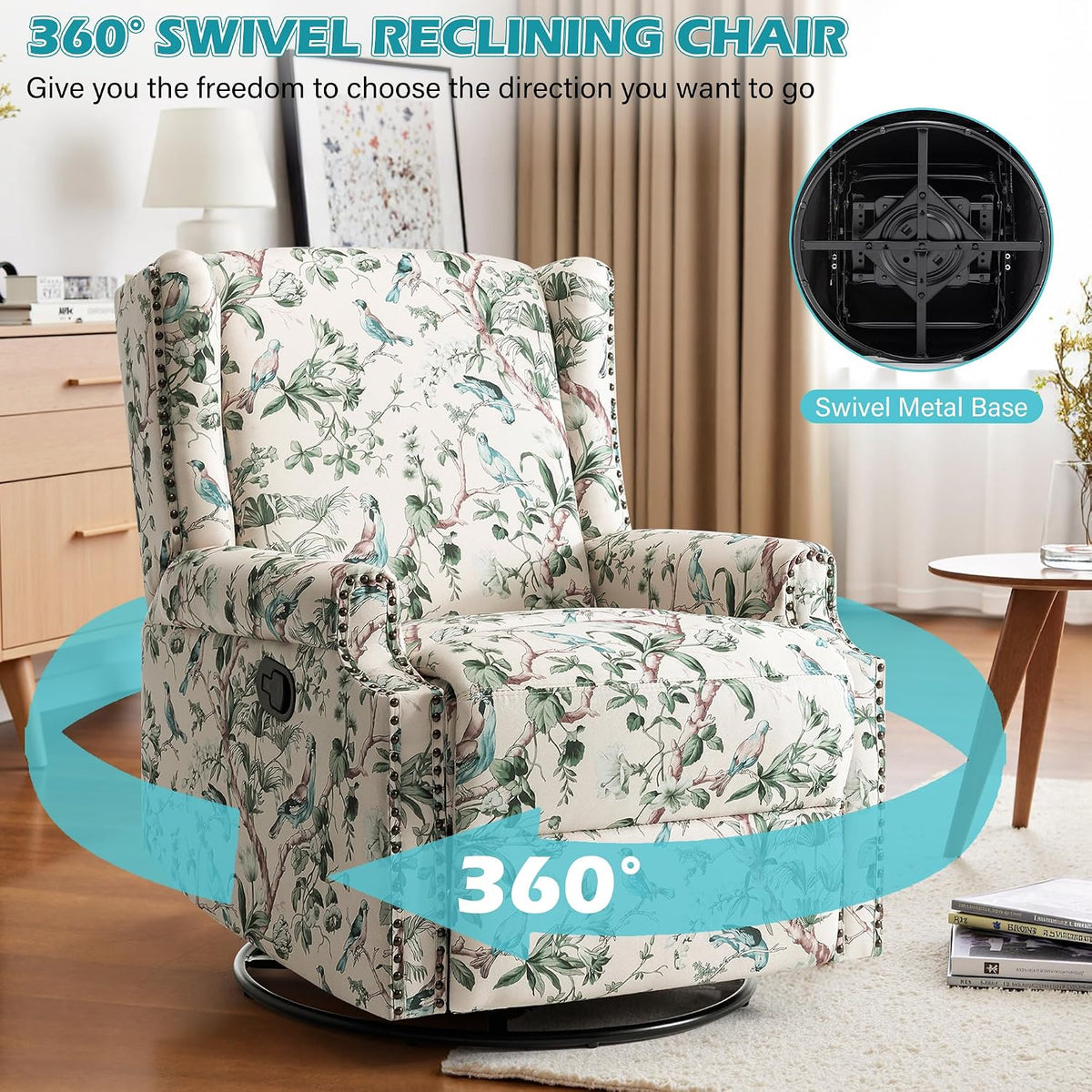 Swivel Rocker Recliner Chair, Floral Wingback Armchair, Navy