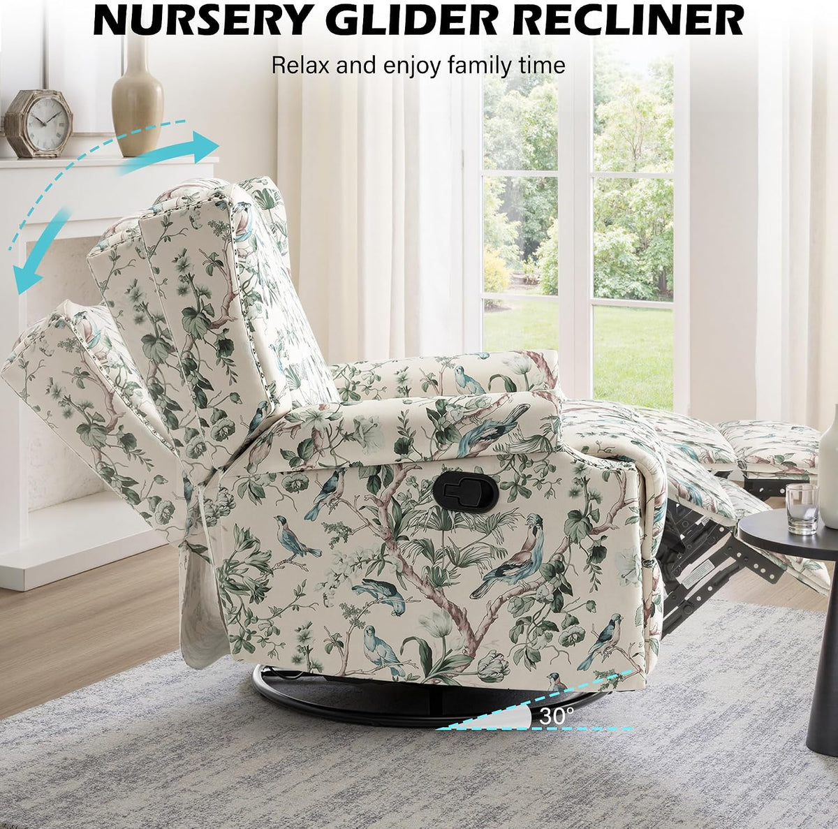 Swivel Rocker Recliner Chair, Floral Wingback Armchair, Navy
