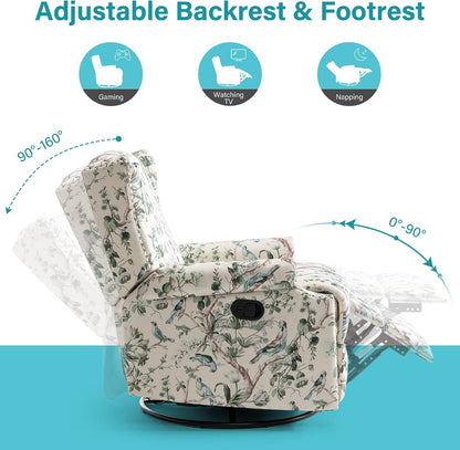 Swivel Rocker Recliner Chair, Floral Wingback Armchair, Navy