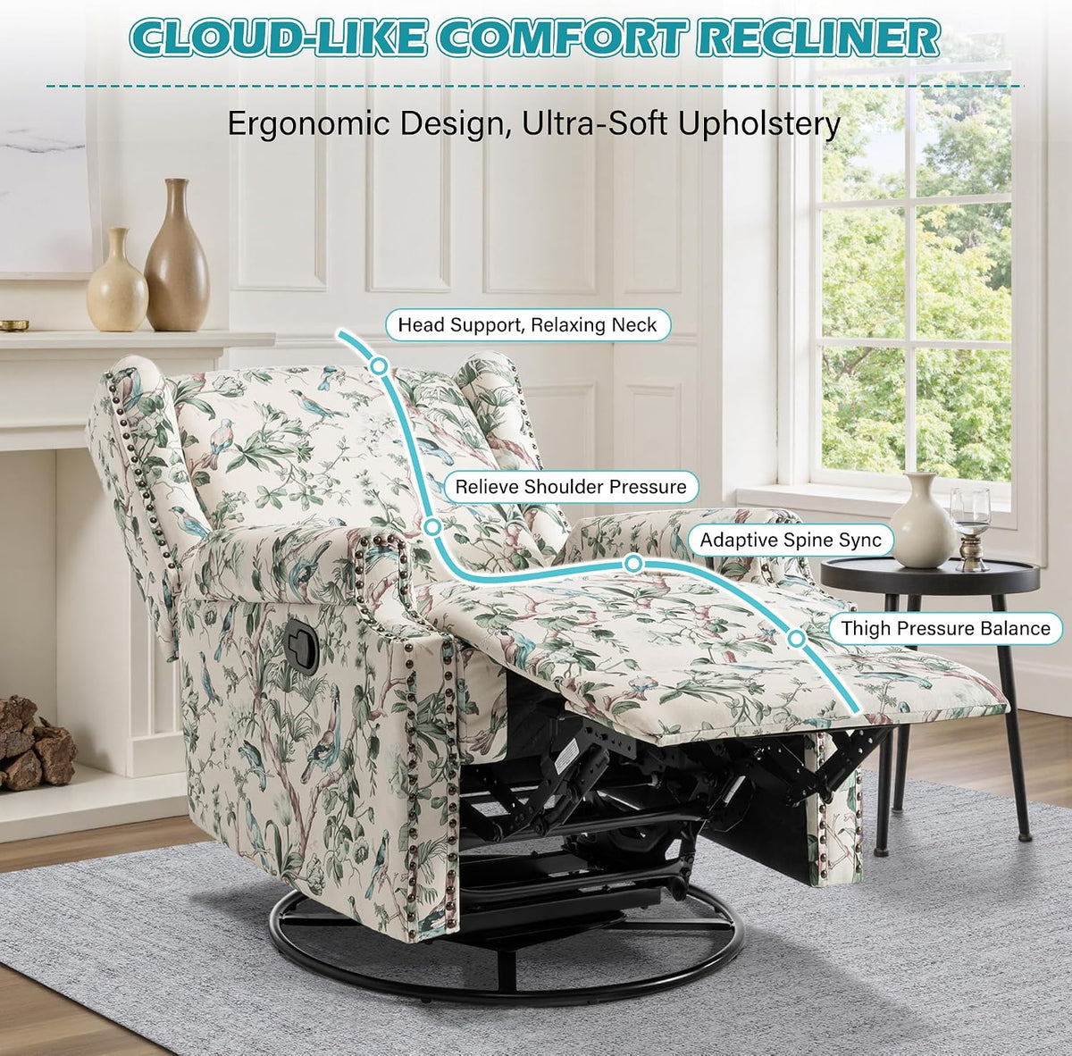 Swivel Rocker Recliner Chair, Floral Wingback Armchair, Navy