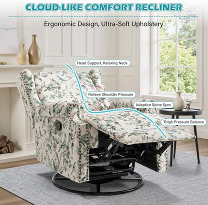 Swivel Rocker Recliner Chair, Floral Wingback Armchair, Navy