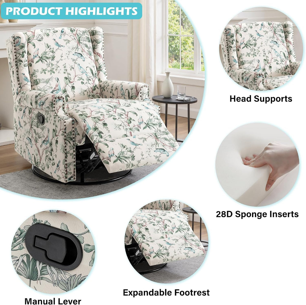 Swivel Rocker Recliner Chair, Floral Wingback Armchair, Navy