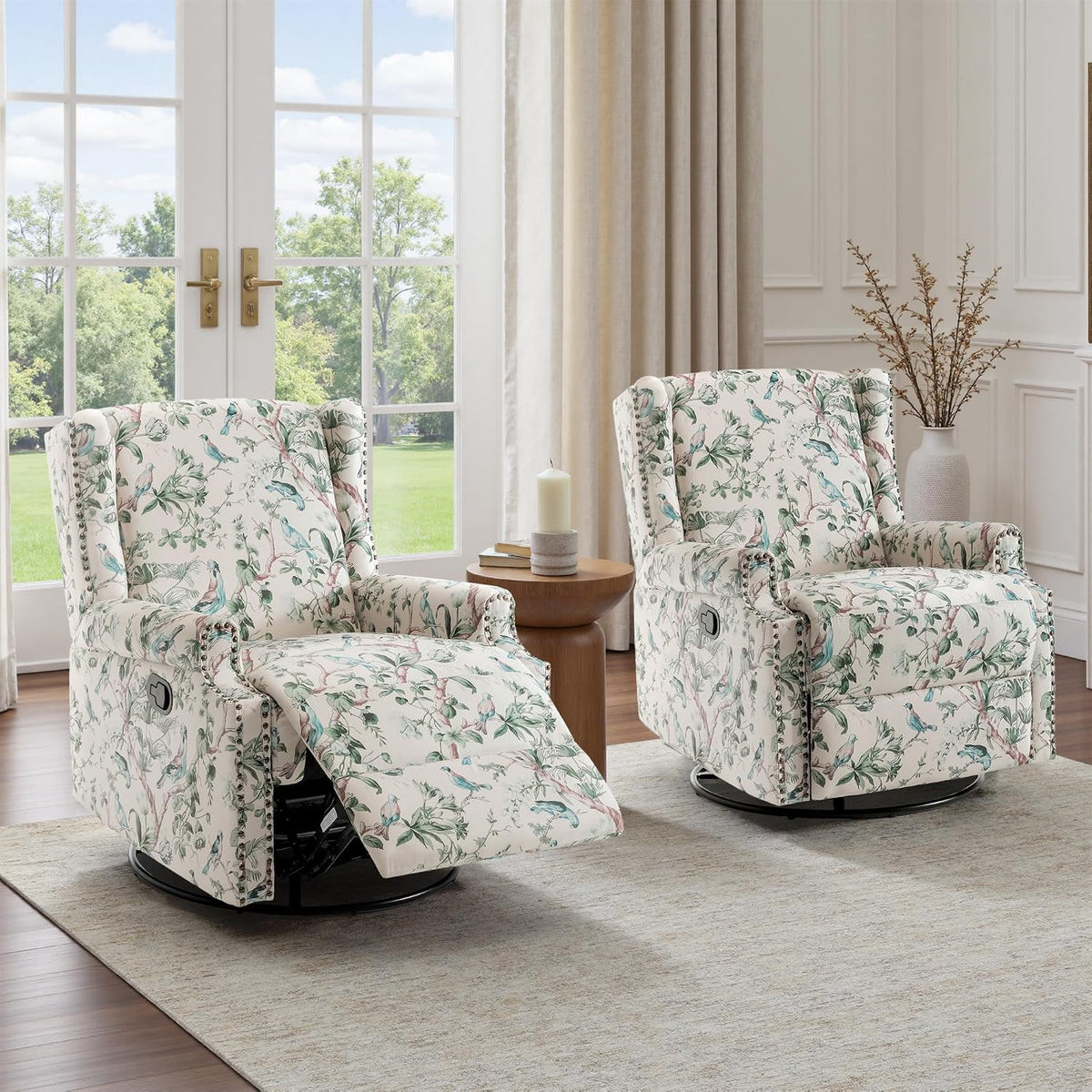 Swivel Rocker Recliner Chair, Floral Wingback Armchair, Navy