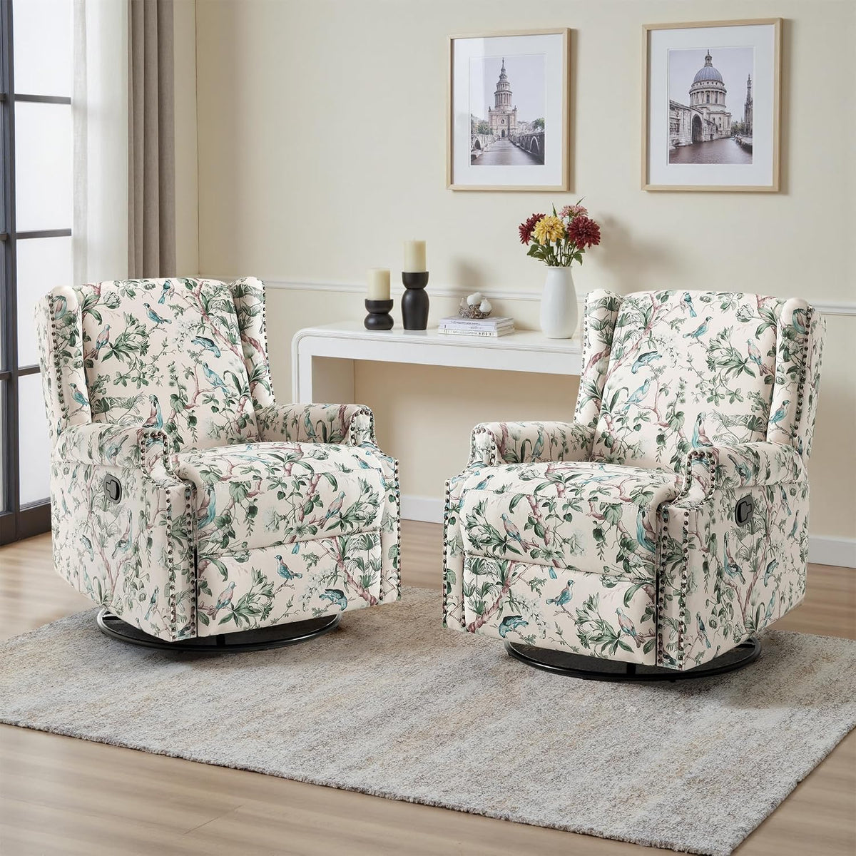 Swivel Rocker Recliner Chair, Floral Wingback Armchair, Navy