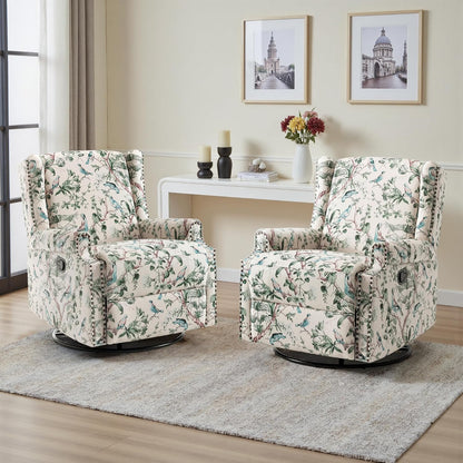 Swivel Rocker Recliner Chair, Floral Wingback Armchair, Navy