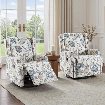 Swivel Rocker Recliner Chair, Floral Wingback Armchair, Navy