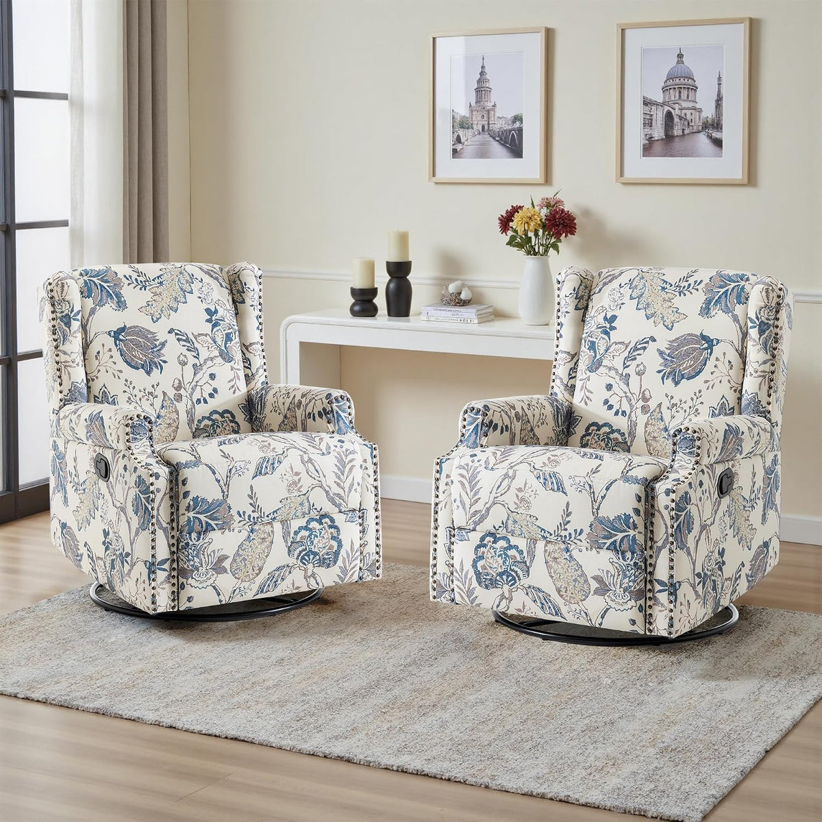 Swivel Rocker Recliner Chair, Floral Wingback Armchair, Navy