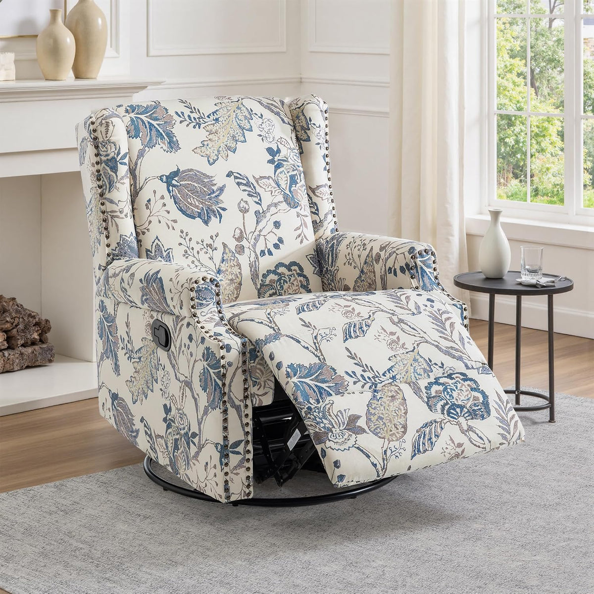 Swivel Rocker Recliner Chair, Floral Wingback Armchair, Navy
