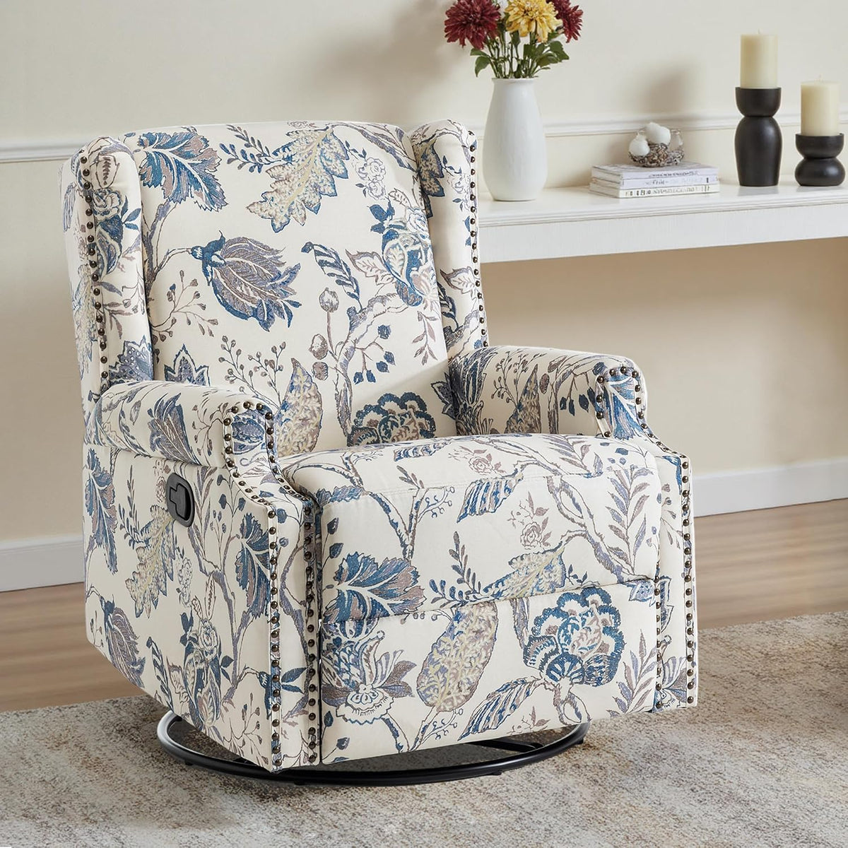 Swivel Rocker Recliner Chair, Floral Wingback Armchair, Navy