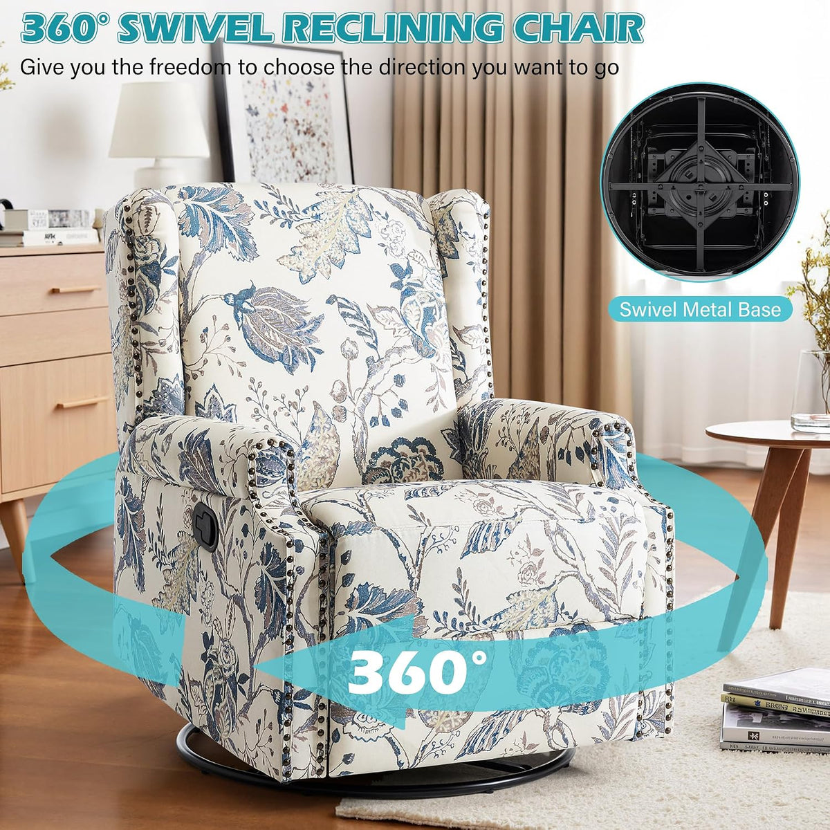Swivel Rocker Recliner Chair, Floral Wingback Armchair, Navy