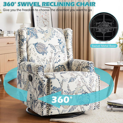 Swivel Rocker Recliner Chair, Floral Wingback Armchair, Navy