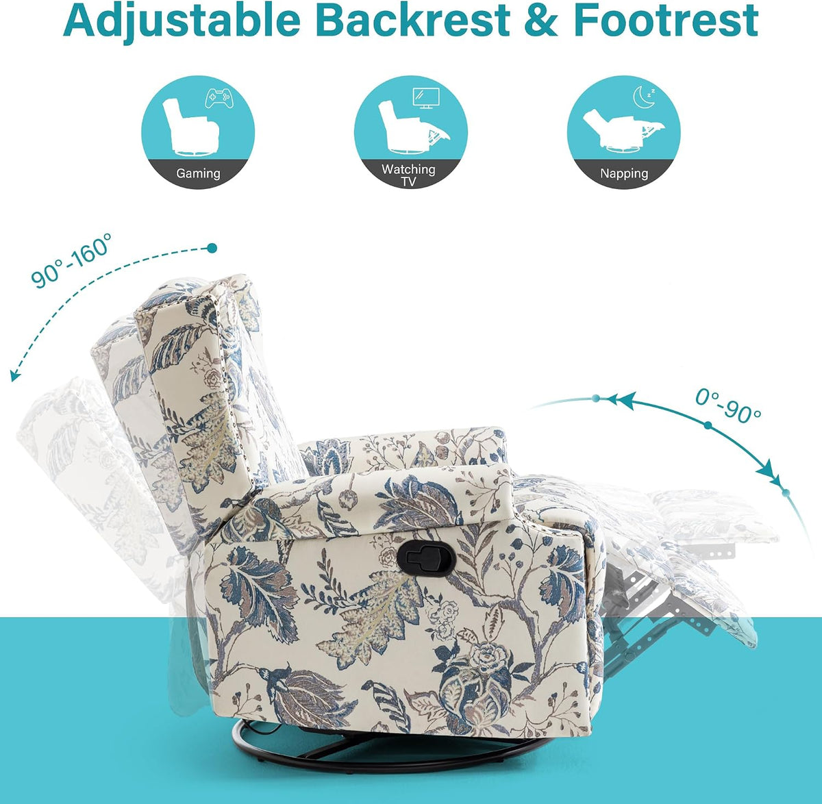 Swivel Rocker Recliner Chair, Floral Wingback Armchair, Navy