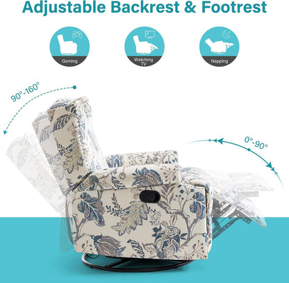 Swivel Rocker Recliner Chair, Floral Wingback Armchair, Navy