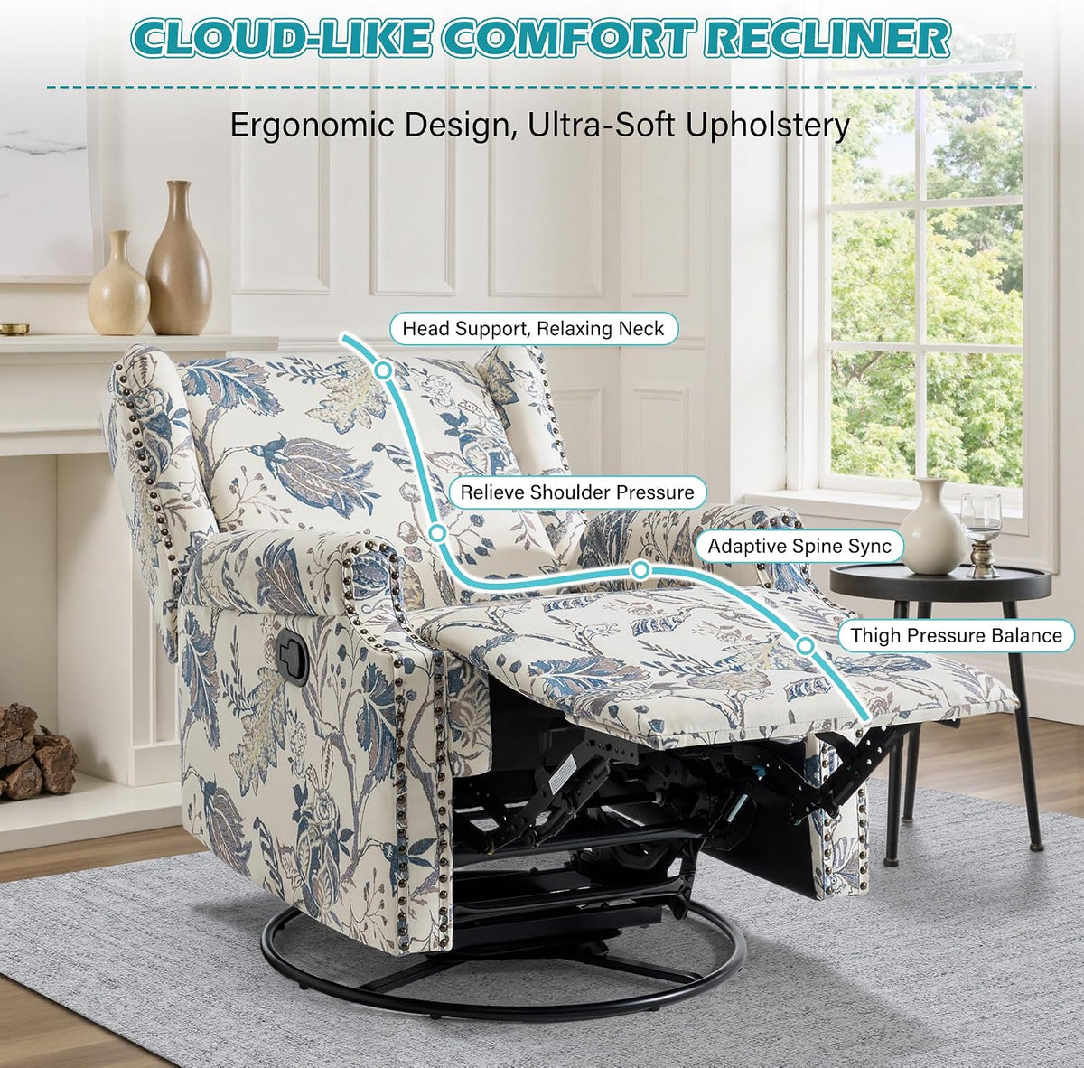 Swivel Rocker Recliner Chair, Floral Wingback Armchair, Navy