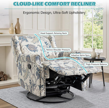 Swivel Rocker Recliner Chair, Floral Wingback Armchair, Navy