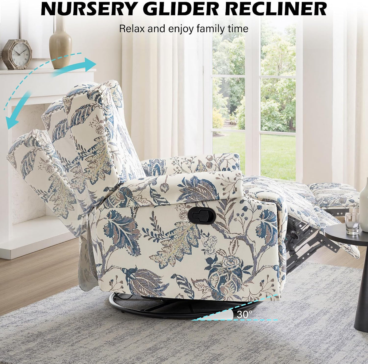 Swivel Rocker Recliner Chair, Floral Wingback Armchair, Navy