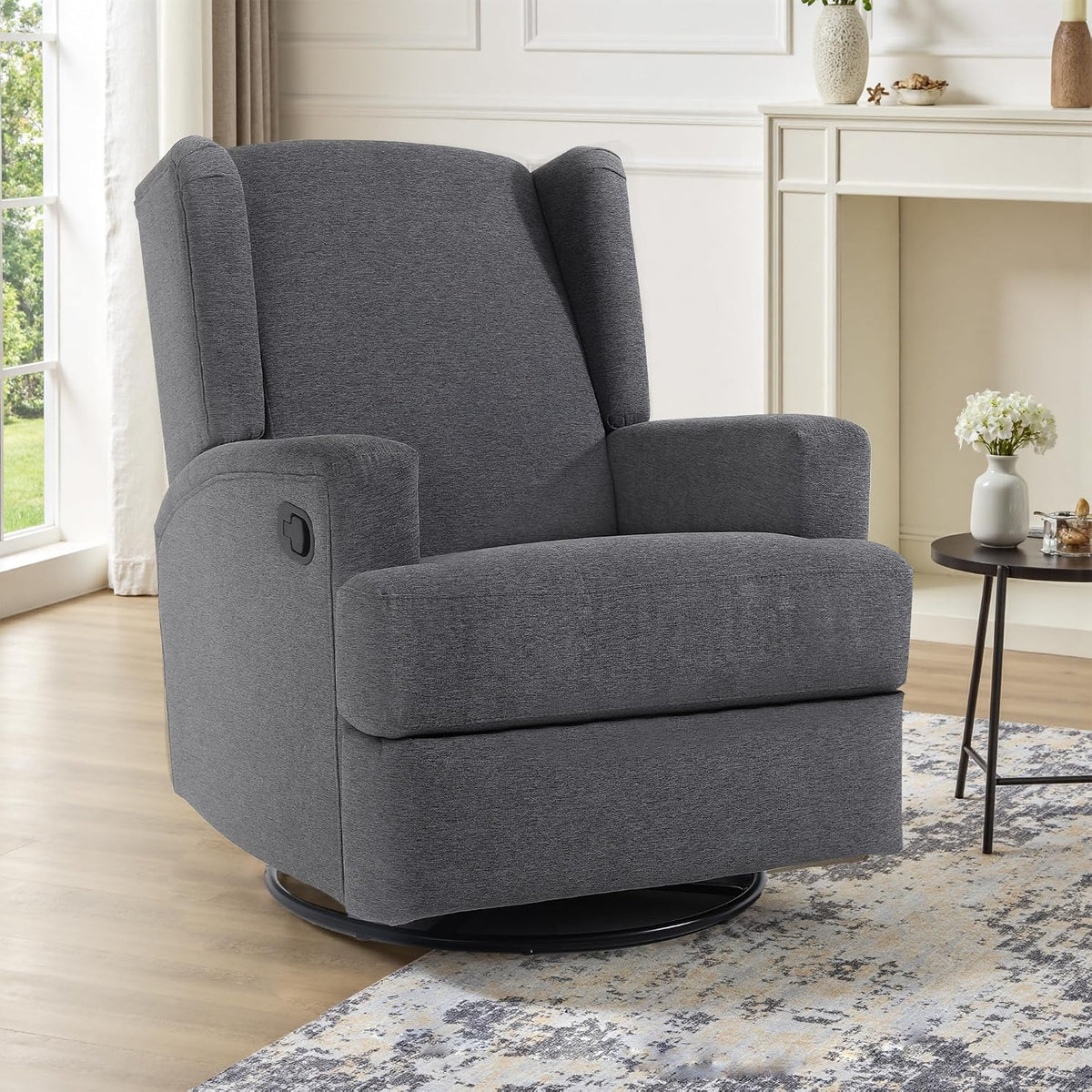 Swivel Rocker Recliner Chair, Floral Wingback Armchair, Navy