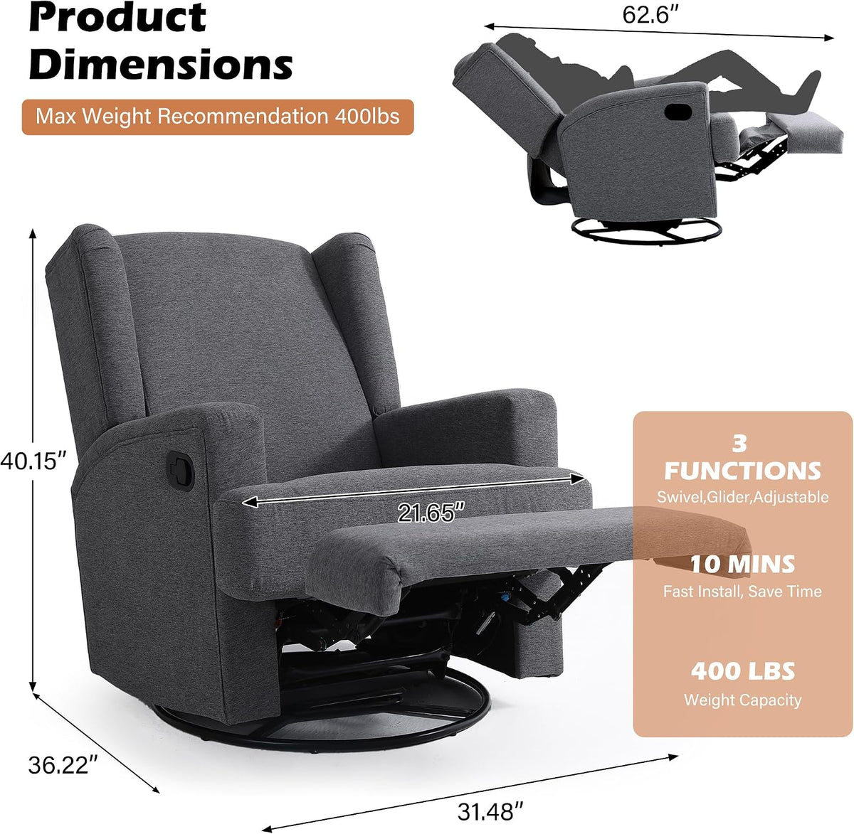 Swivel Rocker Recliner Chair, Floral Wingback Armchair, Navy