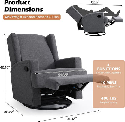 Swivel Rocker Recliner Chair, Floral Wingback Armchair, Navy
