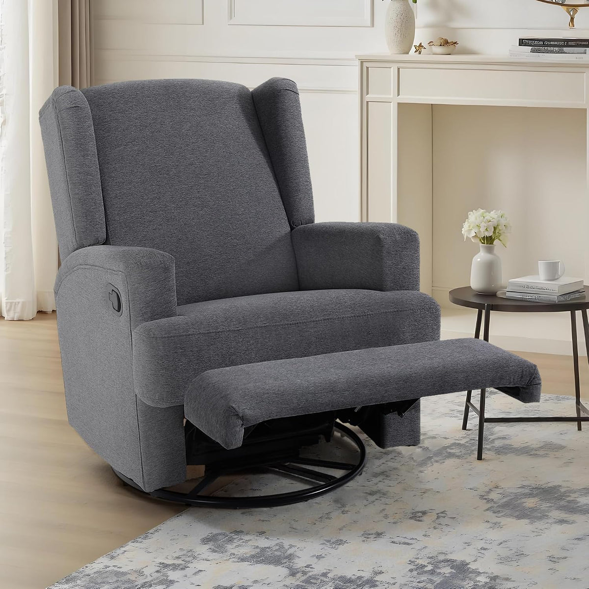 Swivel Rocker Recliner Chair, Floral Wingback Armchair, Navy