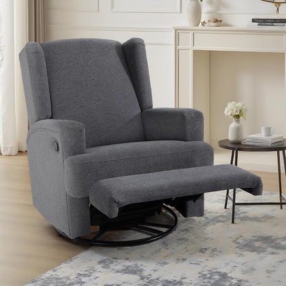 Swivel Rocker Recliner Chair, Floral Wingback Armchair, Navy