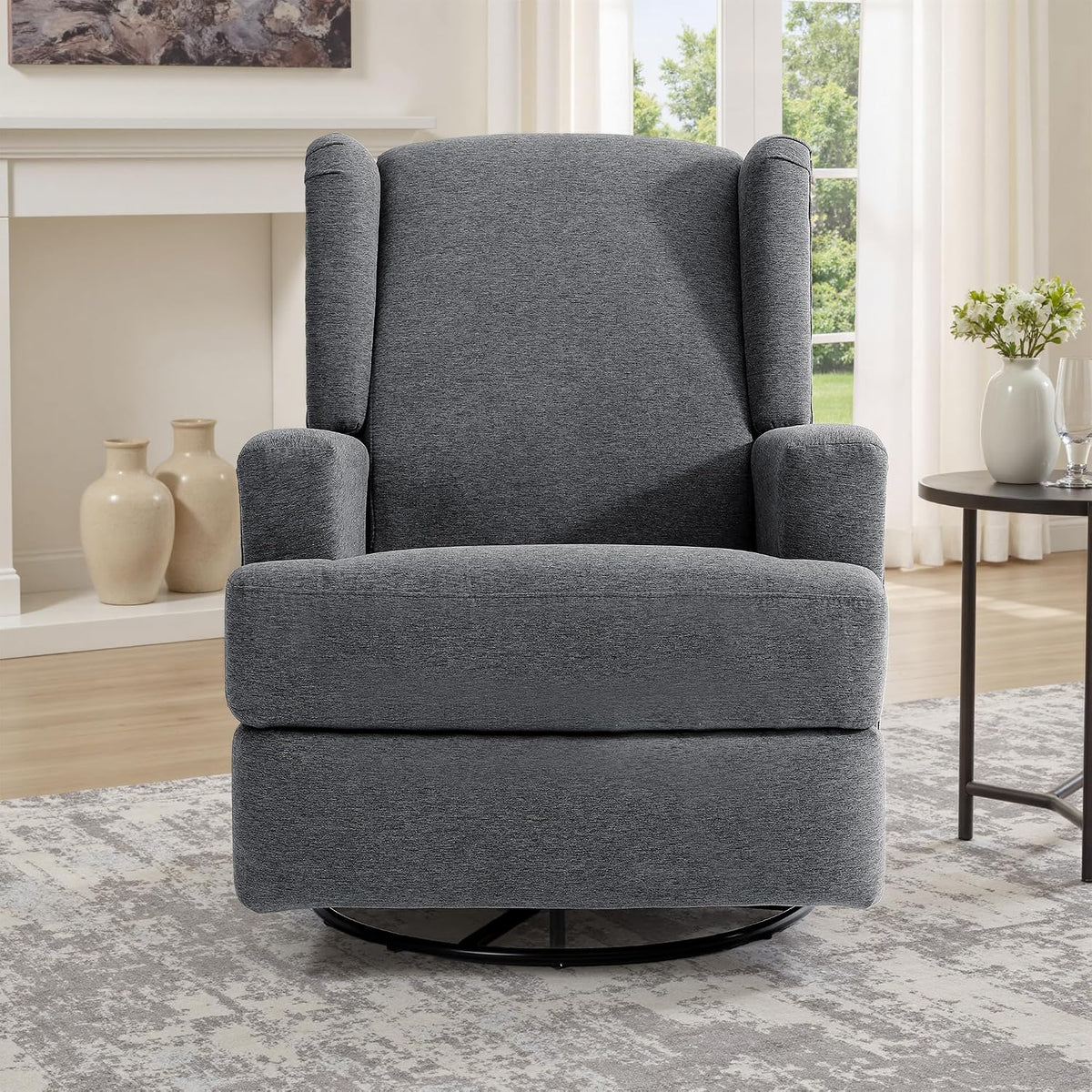 Swivel Rocker Recliner Chair, Floral Wingback Armchair, Navy
