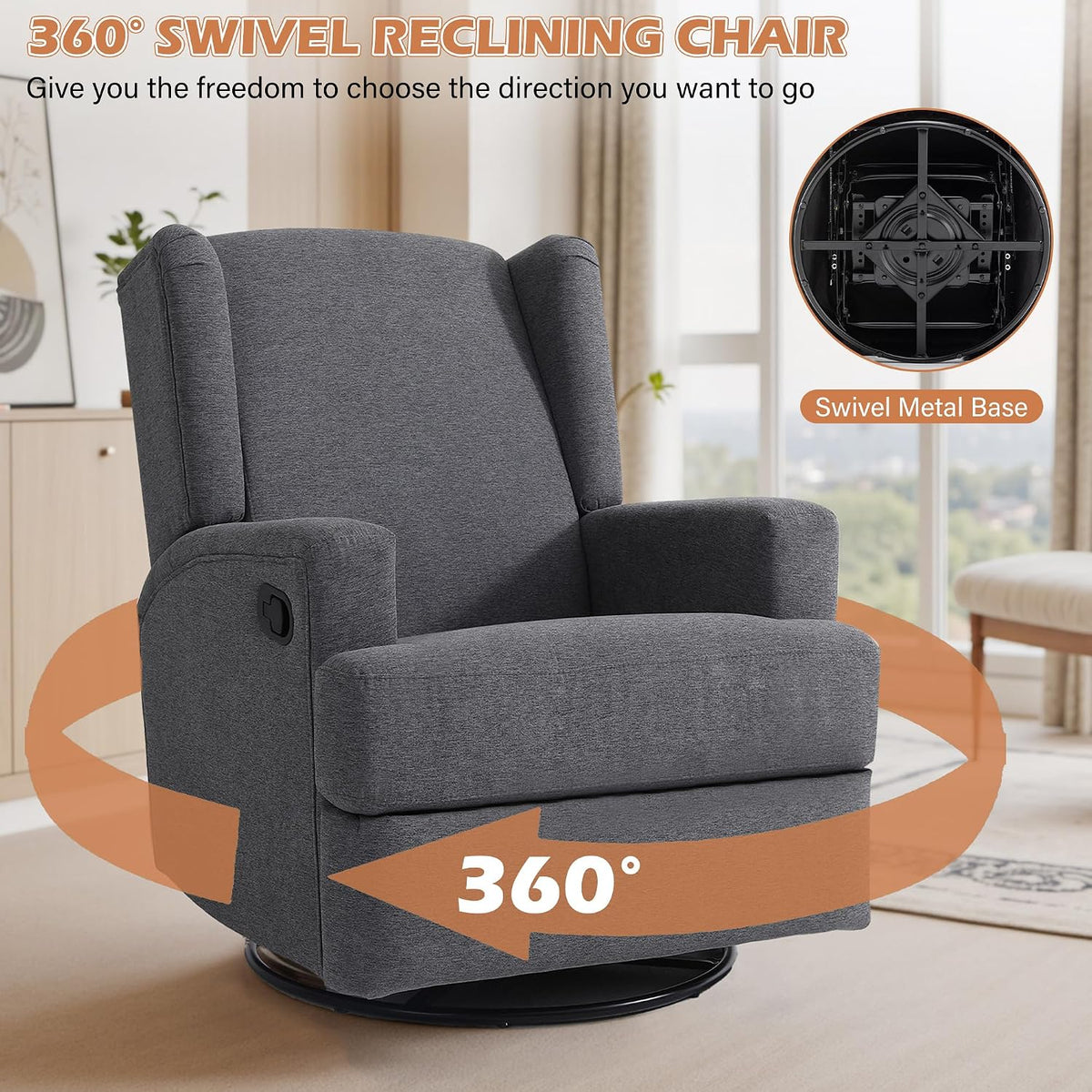 Swivel Rocker Recliner Chair, Floral Wingback Armchair, Navy