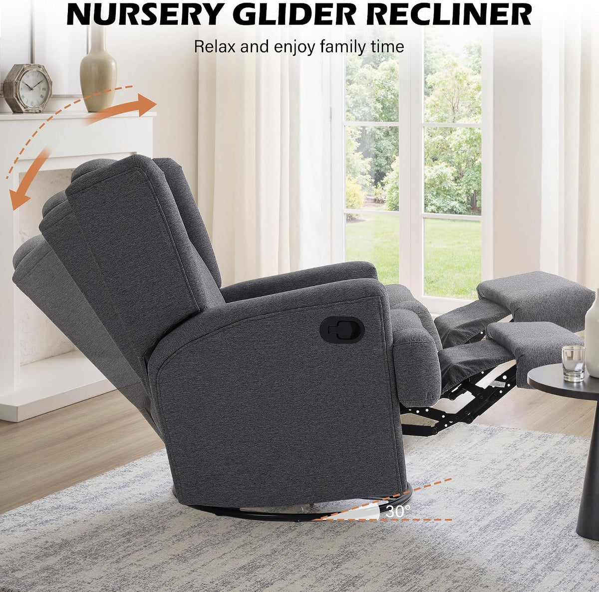 Swivel Rocker Recliner Chair, Floral Wingback Armchair, Navy