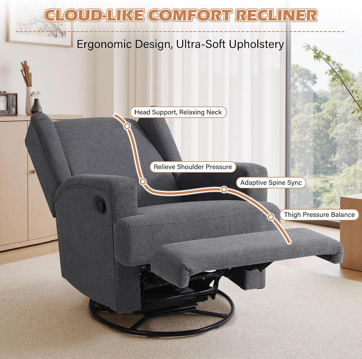 Swivel Rocker Recliner Chair, Floral Wingback Armchair, Navy