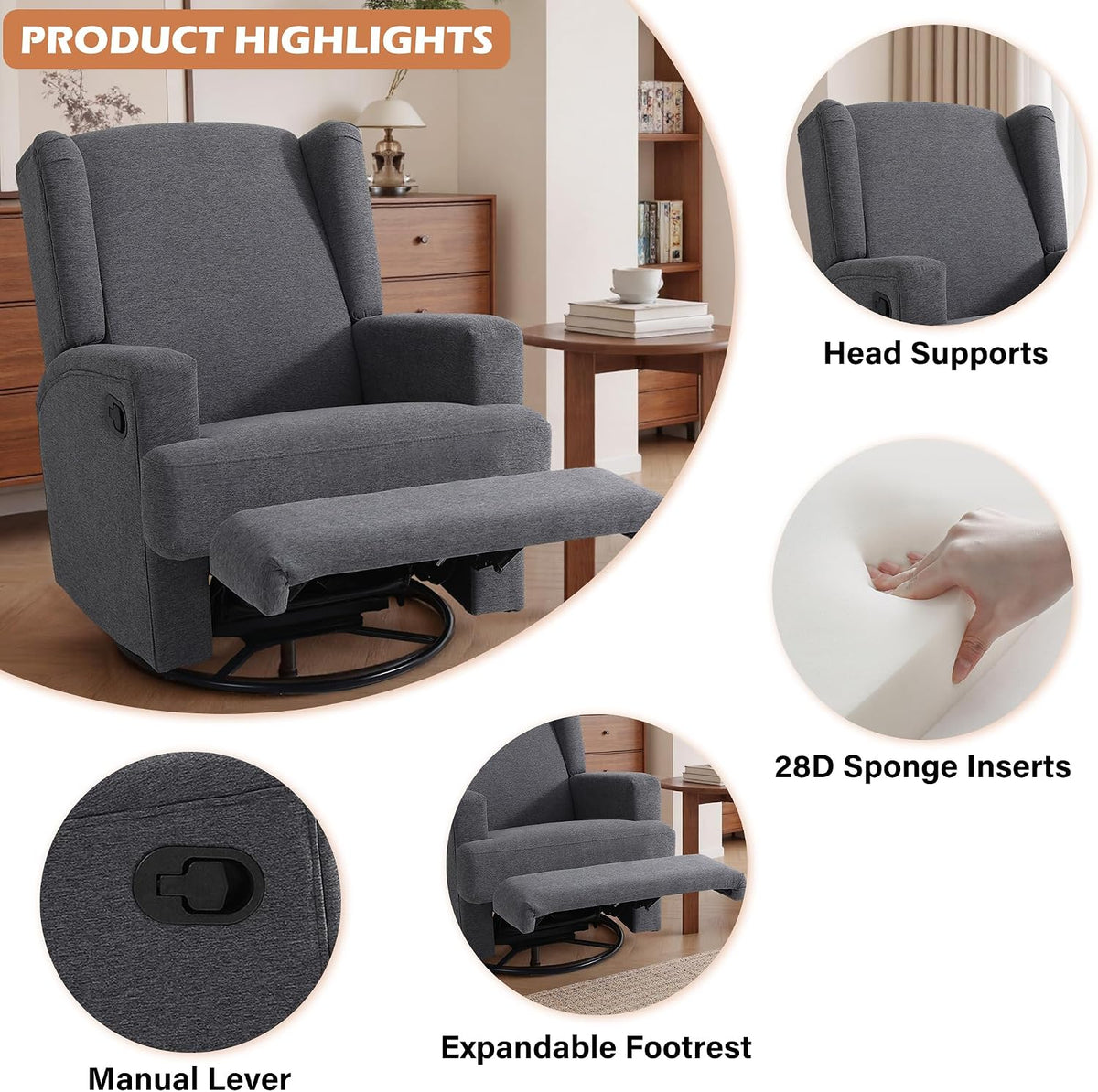 Swivel Rocker Recliner Chair, Floral Wingback Armchair, Navy