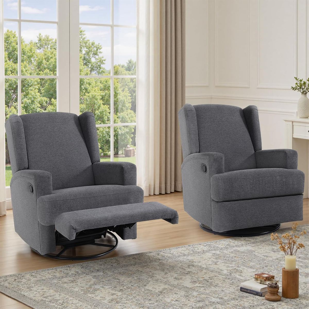 Swivel Rocker Recliner Chair, Floral Wingback Armchair, Navy
