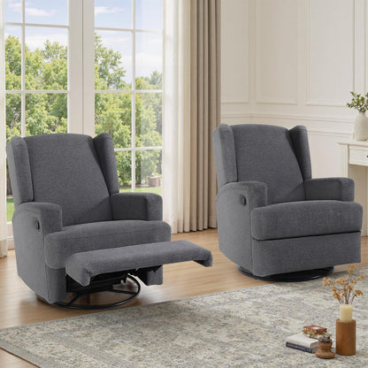 Swivel Rocker Recliner Chair, Floral Wingback Armchair, Navy