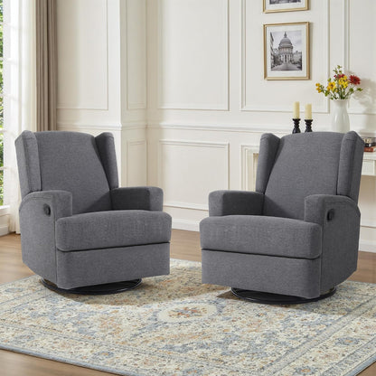 Swivel Rocker Recliner Chair, Floral Wingback Armchair, Navy