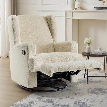 Swivel Rocker Recliner Chair, Floral Wingback Armchair, Navy