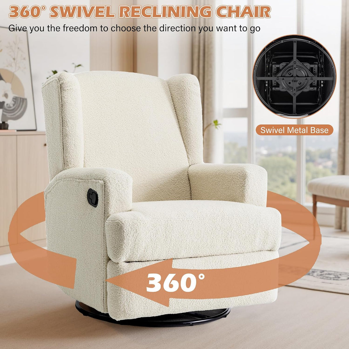 Swivel Rocker Recliner Chair, Floral Wingback Armchair, Navy