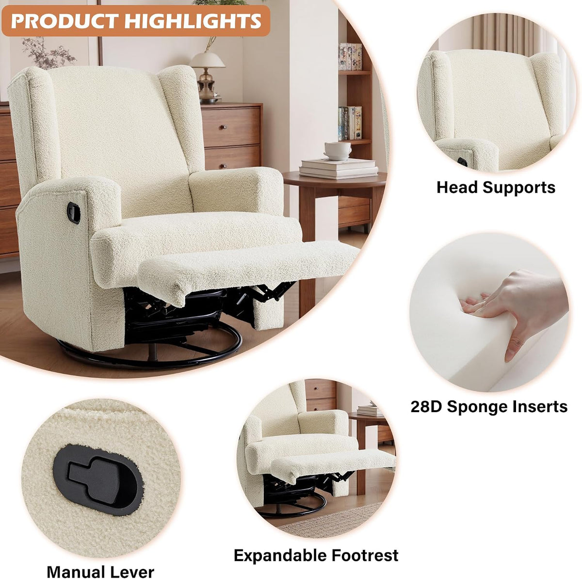 Swivel Rocker Recliner Chair, Floral Wingback Armchair, Navy