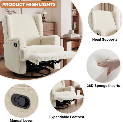 Swivel Rocker Recliner Chair, Floral Wingback Armchair, Navy